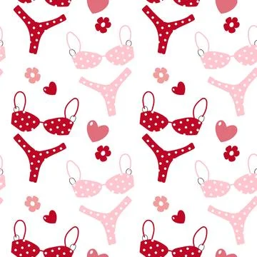 Red and pink polka dot bikini seamless pattern with hearts and flowers イラスト素材