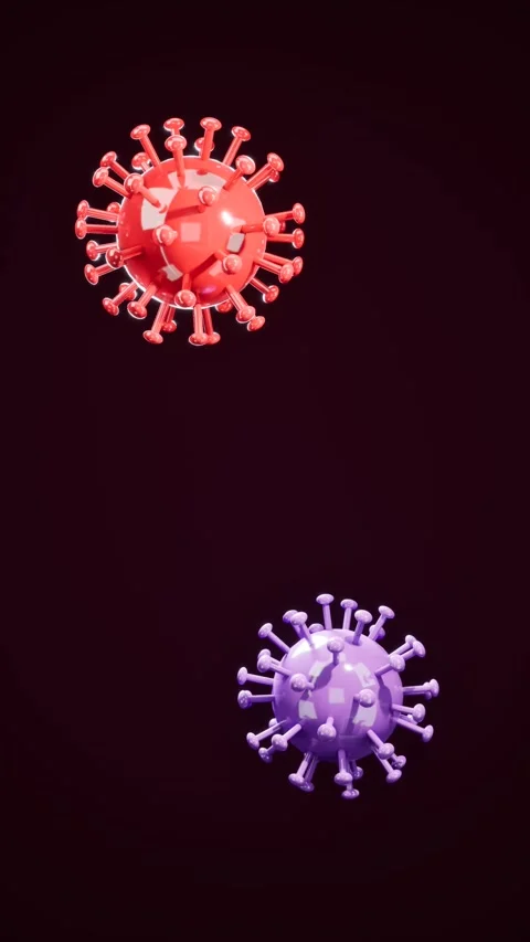 Red and purple virus models on dark background. 3d rendering Stock Footage 340567167