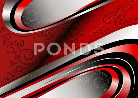 Red and silver curves and patterns on red wavy frame Illustration #38716724