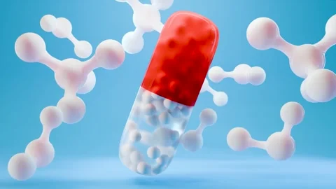 Red and Transparent Capsule Pill Surrounded by Floating Molecular Structures, Stock Footage 315214542