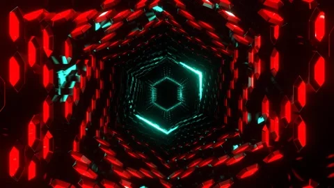 Red and Turquoise Hexagonal Neon Honeycomb Tunnel Background VJ Loop in 4K Stock Footage 312798167