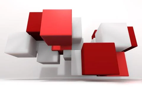 Red and white 3D cube cluster is floating in white studio with reflective floor, Stock Illustration