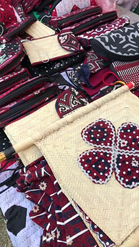 Red and white bead patterns on accessories Stock Footage 222951464