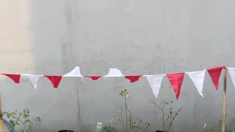 Red and White Bunting Flags Moving in Breeze Outdoors Vídeo Stock 343586628