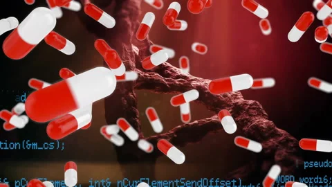 Red-and-white capsules emerging around DNA helix, swirling with code fragments Stock Footage 311883638