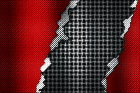 Red and white carbon fiber tear on the black metallic mesh. Stock Illustration