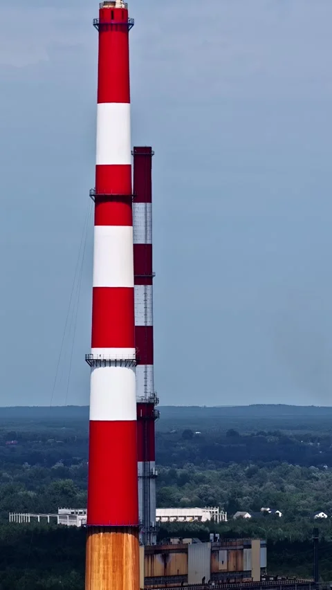 Red-and-White Chimney Stack - Włocławek Chemical Complex - Poland Stock Footage 346586456