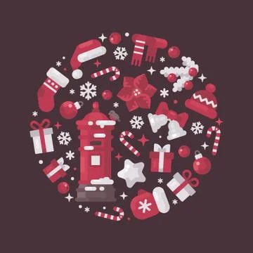 Red and white circle composition made from Christmas and New Year elements Illustrazione stock