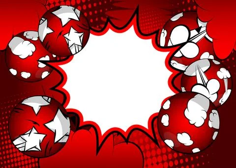 Red and white comic book poster with spheres. Comics Presentation with Adve.. Illustrazione stock