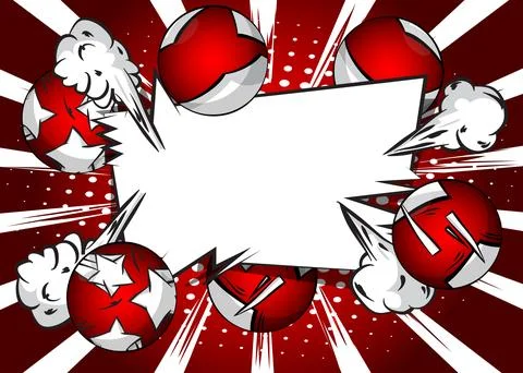 Red and white comic book poster with spheres. Comics Presentation with Adve.. Stock Illustration