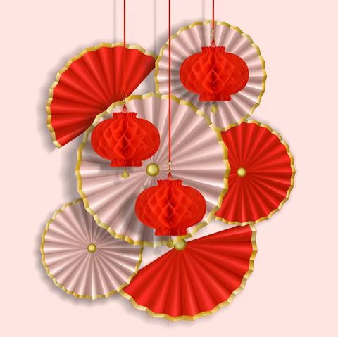 Red and white composition with paper flowers, fans and lanterns Stock Illustration