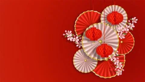 Red and white composition with sakura, paper flowers, fans and lanterns Stock Illustration