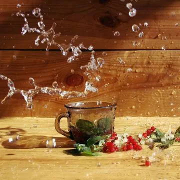 Red and white currant drinks recipes with fresh mint. a cup of splash of water Stock Photos