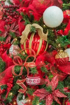 Red and white decorative grouping of Christmas Balls. Christmas scene. Stock Photos