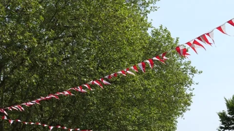 Red and white festive bunting flags hanging against green trees on a sunny da 스톡 동영상 343574641