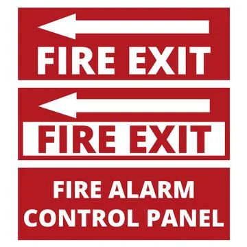 Red and white fire exit and fire alarm control panel signs Stock Illustration