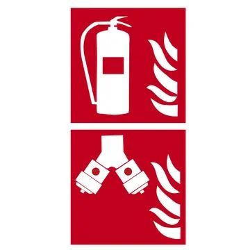 Red and white fire extinguisher and fire hydrant pipes signs Stock Illustration