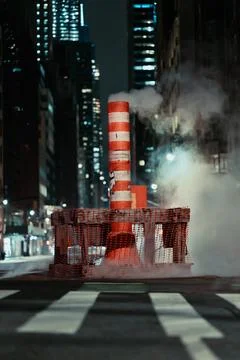 A red and white fire hydrant is in the middle of a city street Stock Photos