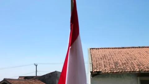 The red and white flag flies on the school yard pole Stock Footage 282572348