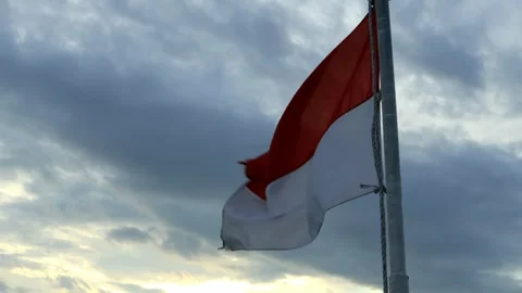 The red and white flag fluttering in the sea breeze above a ship Video stock 249712178