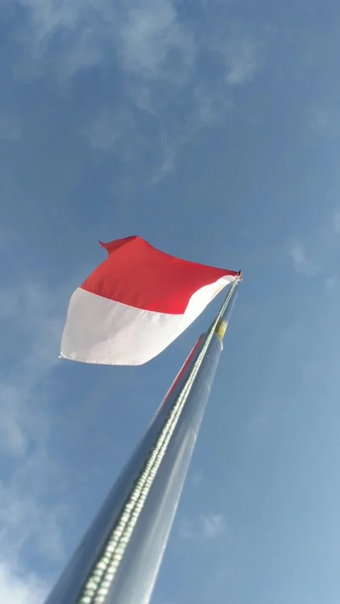 A red and white flag fluttering vertically under a blue sky Stock Footage 304015492