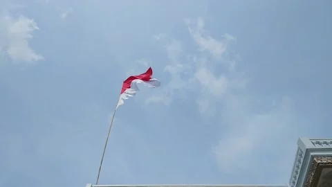 Red and white flag flying isolated over blue sky background Stock Footage 205110671