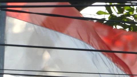 Red and white flag waving behind tangled overhead power lines in urban envi.. Stock Footage 345198363