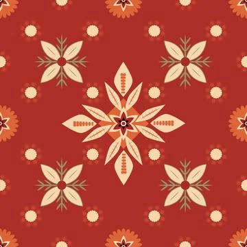 A red and white floral patterned carpet with a green leaf in the center Stock Illustration