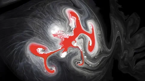 Red and white fluid flows in a turbulent pattern. Abstract art black background. Stock-Footage 137929264