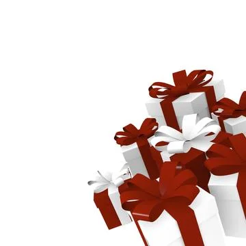Red and white gift boxes with a bow on a white background, 3d rendering Ilustração Stock