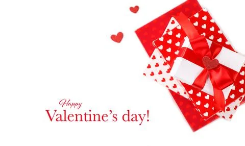 Red and white gift boxes with hearts Stock Photos