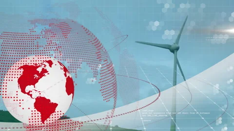 Red-and-white globe appearing triggers orbiting rings as turbine rotating with Stock Footage 309894353