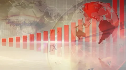 Red-and-white globe rotating right while red bars rising on globe entry, Stock Footage 329115754