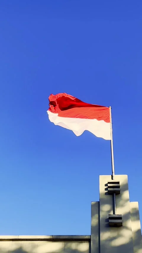 Red and white Indonesian flag against clear sky Stock Footage 342584854