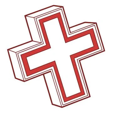 Red and white isometric 3D cross medical icon or religious symbol Stock Illustration