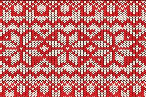 Red and white knitted pattern is repeating in flat design with heart and Illustrazione stock