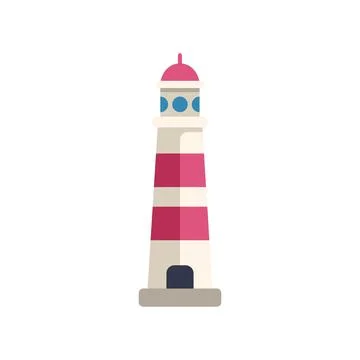 Red and white lighthouse guiding ships at sea with bright light beam 库存插图