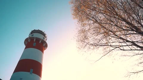 Red and white lighthouse next to a tree with yellow leaves against a clear sky. Stock Footage 147405445