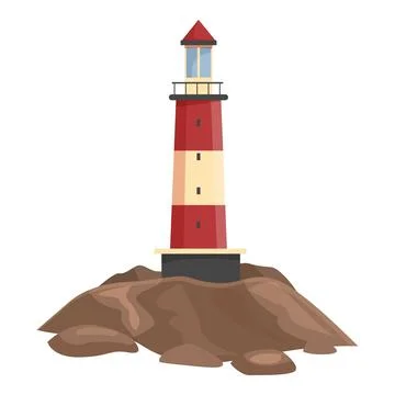 Red and white lighthouse standing on rocky coastline Stock Illustration