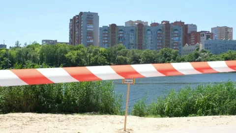 Red and White Lines of barrier tape.Quarantine. No entry. Stock Footage 132174805