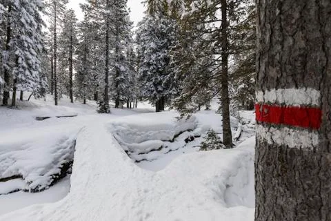 A red and white mark shows the direction of the footpath over a bridge Foto stock