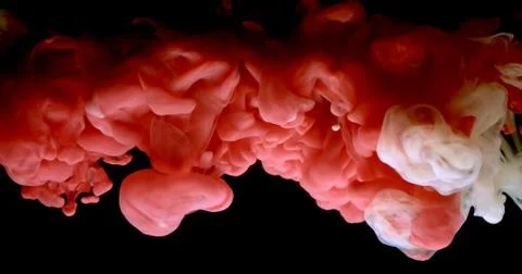 Red and white paint cloud spraying in water on black background. Stock Photos