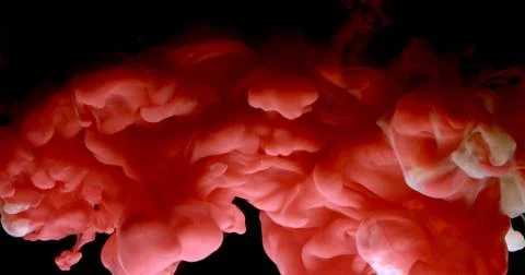 Red and white paint cloud spraying in water on black background. Stock Photos