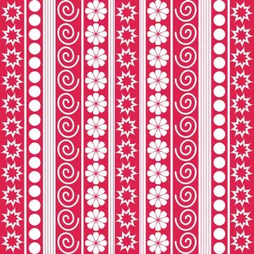 Red and white pattern background with flowers and spirals Illustration