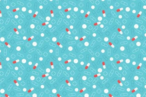Red and white pills pattern. Blue medical background Stock Illustration