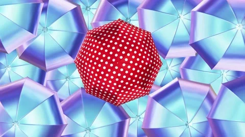 Red and white Polka Dot umbrella among iridescent umbrellas looping 3D animation Stock Footage 219830275