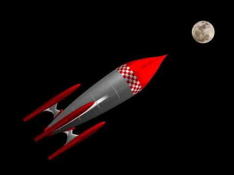 Red and white rocket flying to the moon Illustrazione stock