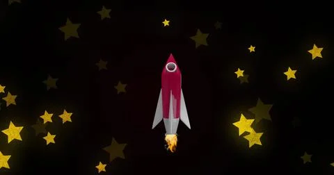 A red and white rocket launching among yellow stars Stock Photos