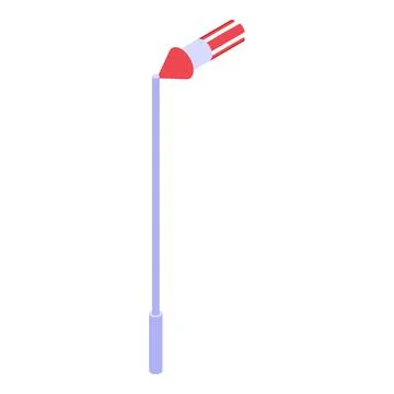 Red and white rocket taking off from launch pad on white background Stock Illustration