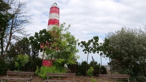 Red and white Shabla Lighthouse on the Black Sea coast Stock Footage 315520014